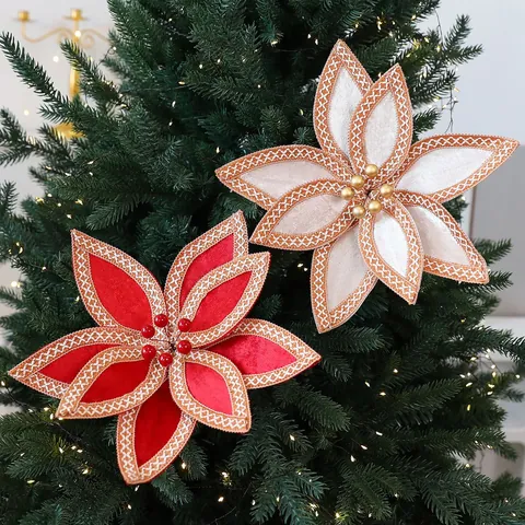 Fleurs de Noël Artificielles en Velours Ornements Bord Tissé Pailleté Poinsettia Branche de Fleurs pour Décoration d'Arbre de Noël