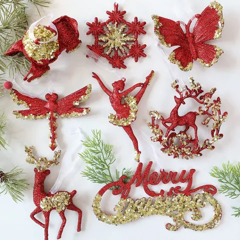 Christmas Tree Hanging Ornaments Glitter Sequin Reindeer Snowflake Icicle Butterfly Ballerina For Home Party Decor