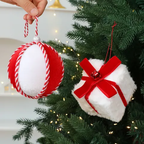 Adorno Colgante para Árbol de Navidad Rojo Blanco Peluche Piel Sintética Bola Forma Caja de Regalo Decoración Festiva