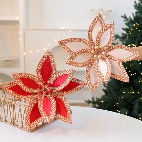 Fleurs de Noël Artificielles en Velours Ornements Bord Tissé Pailleté Poinsettia Branche de Fleurs pour Décoration d'Arbre de Noël