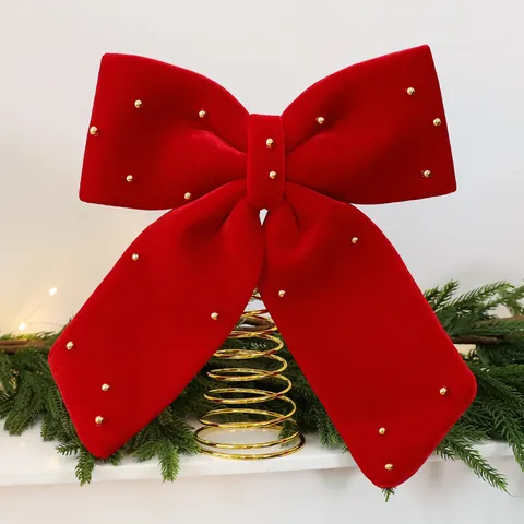 Fiocco Puntale Per Albero Di Natale In Velluto Rosso Vinaccia Con Perline Dorate E Base A Spirale In Metallo Decorazione Festiva