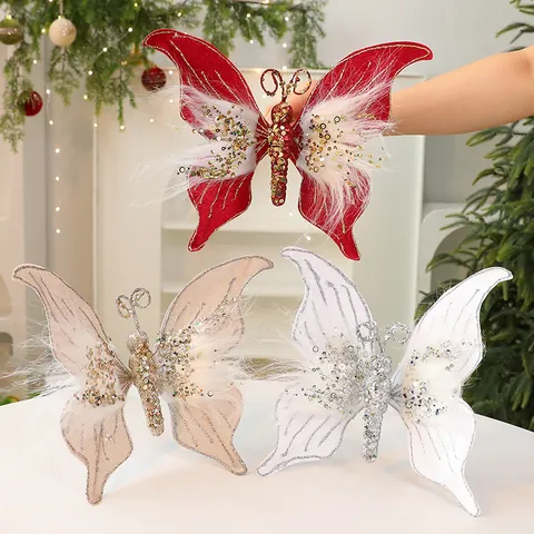 Fabric Christmas Butterfly Decorations With Glitter Sequins And Feathers For Xmas Tree DIY Scene Layout Props Hanging Ornaments