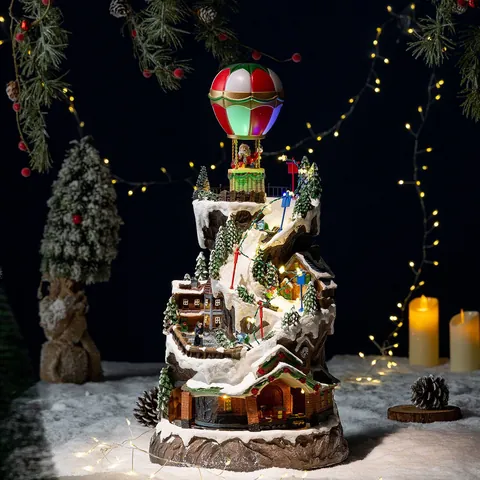 Christmas Music Box Rotating Train Snow Village Decor LED Light Santa Claus Hot Air Balloon Electric Musical Ornament