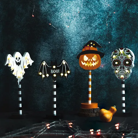 Decorazione da Tavolo in Legno LED per Halloween Fantasma Zucca Teschio Pipistrello Luce Notturna per Festa Decorazione Interna