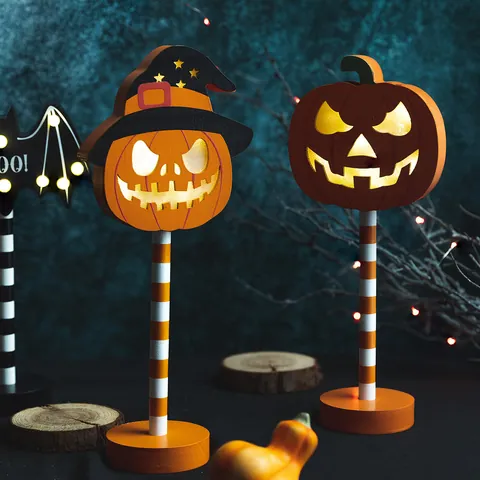 Decorazione da Tavolo in Legno LED per Halloween Fantasma Zucca Teschio Pipistrello Luce Notturna per Festa Decorazione Interna