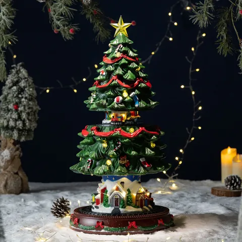 Lighted Resin Christmas Tree Music Box With Rotating Train Animated Snow Village Scene Musical Tabletop Ornament Holiday Decor Gift