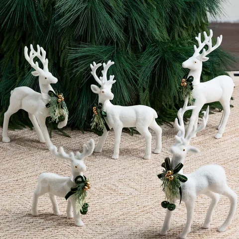 Weihnachten Weiß Beflockt Rentier Ornament Mit Schleife Und Glocke Dekoration Kunststoff Elch Figur Für Zuhause Feiertag Fenster Deko