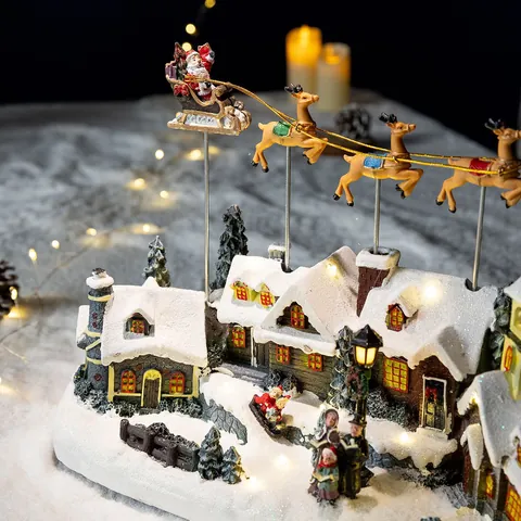 Christmas Village House Decor LED Light Up Music Box Resin Flying Reindeer Sleigh Rotating Christmas Scene Ornament Home Gift