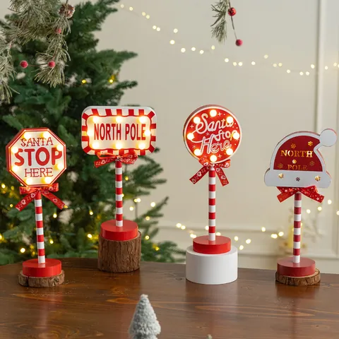 Christmas Wooden LED Road Sign Ornament Santa Stop Here North Pole Light Up Indicator Tabletop Holiday Home Decor