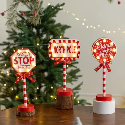Christmas Wooden LED Road Sign Ornament Santa Stop Here North Pole Light Up Indicator Tabletop Holiday Home Decor