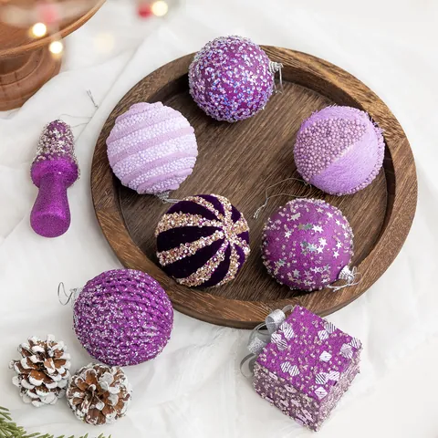 Bolas de Navidad de Espuma Moradas Decoraciones Colgantes de Lentejuelas con Brillo Formas de Seta y Caja de Regalo Decoración
