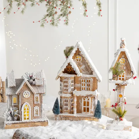 Nordic Luminous Christmas Wooden House Desktop Ornament Vintage Distressed Snowy Cabin With Warm LED Light Festive Decor