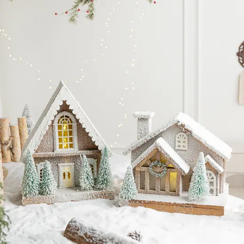 Nordic Luminous Christmas Wooden House Desktop Ornament Vintage Distressed Snowy Cabin With Warm LED Light Festive Decor