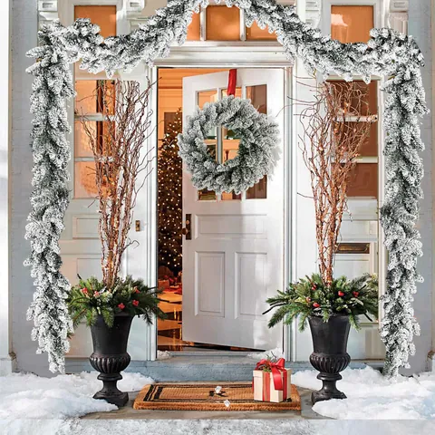 Guirlanda de Navidad de Cedro PE Flocada Realista Efecto Nieve Guirnalda de Agujas de Pino Artificial Para Decoración de Puerta Principal Escaleras Chimenea