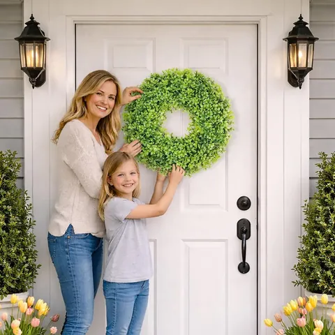 Kunstmatige Buxus Krans Opvouwbare Groen Krans Voor Voordeur Decor Lente Zomer Buiten Binnen Wanddecoratie Met Satijnen Lint