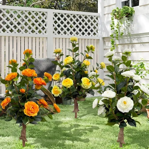 Árbol de Camelia Artificial Planta de Flor de Seda Estaca para Tierra para Decoración de Hogar Jardín Interior Exterior Camelia de Hoja Perenne Decoración en Maceta