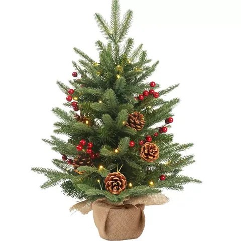 Mini Artificial Christmas Tree Tabletop Decoration Warm LED Lights Pine Cones Berries Burlap Base Festive Home Ornament