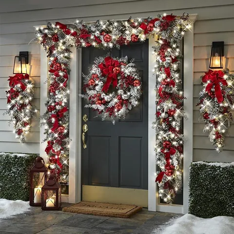 Christmas Flocked Wreath Red Velvet Bow Berry Pinecone Garland Teardrop Tree Front Door Decoration Holiday Ornament LED Light