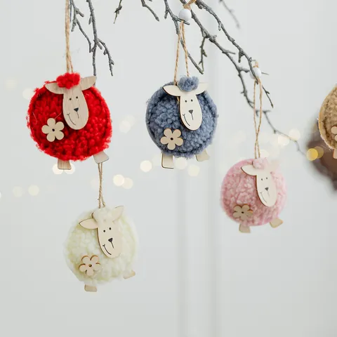 Lindo Colgante de Oveja de Navidad de Fieltro de Lana Hecho a Mano Rodaja de Madera Adorno de Oveja Para Árbol de Navidad Hogar