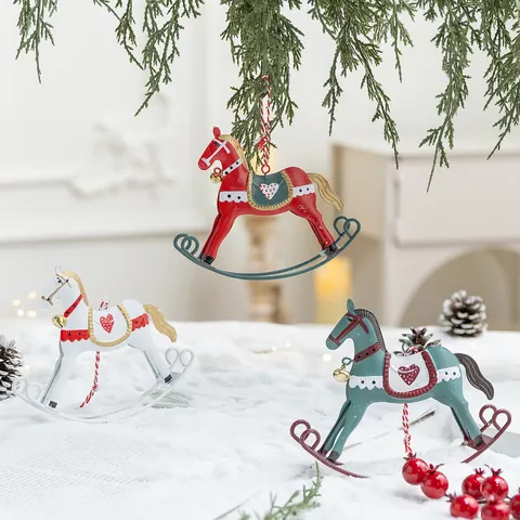 Nordic Vintage Iron Rocking Horse Christmas Hanging Ornament Handmade Distressed Metal Horse Pendant Christmas Tree Decor