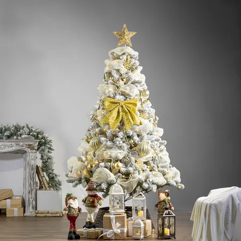 High Density Artificial PVC Christmas Tree Gold Theme Flocked Snow Tree With LED Lights For Mall Home Christmas Decoration