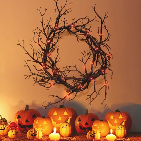 Halloween Wreath Black Spooky Dead Branches Red LED Lights Gothic Door Wall Hanging Ornament