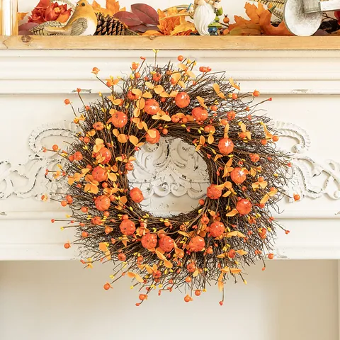 Handmade Artificial Harvest Fall Wreath With Mini Pumpkins Yellow Berries Autumn Thanksgiving Halloween Front Door Wall Decor