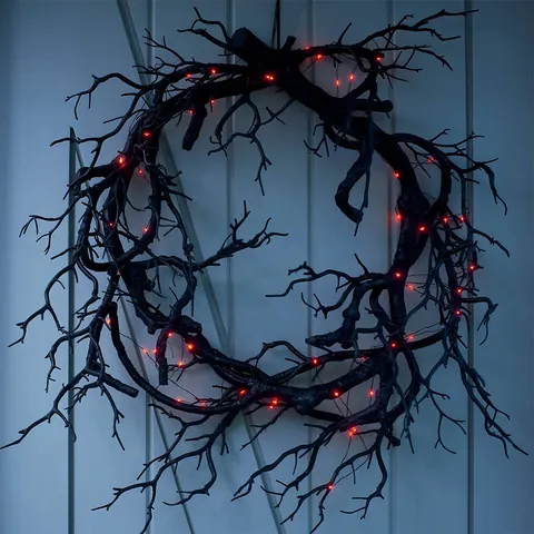 Halloween Wreath Black Spooky Dead Branches Red LED Lights Gothic Door Wall Hanging Ornament