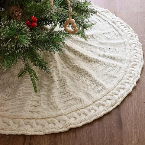 Falda para Árbol de Navidad Punto de Trenzas Base Redonda de Hilo Alfombra para Decoración de Hogar Fiesta Navidad Rojo Blanco