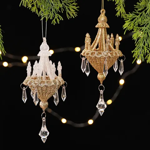 Luxury Chandelier Shape Christmas Tree Hanging Ornament Acrylic Gold Glitter Crystal Pendant For Holiday Party Home Decor