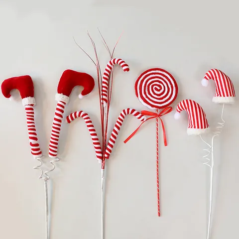 Christmas Tree Picks Ornaments Set Striped Elf Legs Santa Hat Candy Cane Lollipop For DIY Xmas Tree Wreath Garland Decor