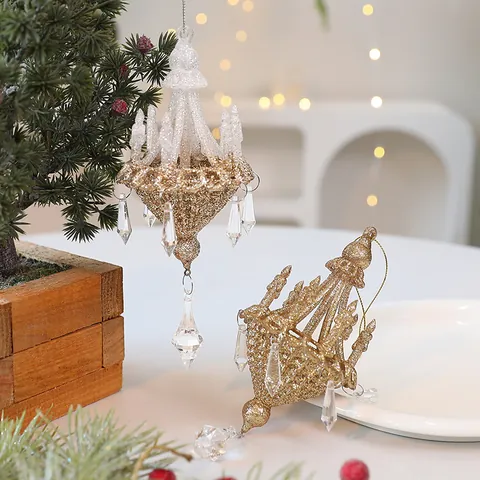 Luxury Chandelier Shape Christmas Tree Hanging Ornament Acrylic Gold Glitter Crystal Pendant For Holiday Party Home Decor