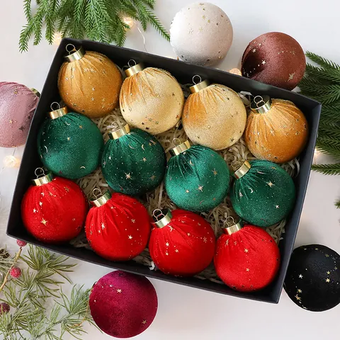 Handmade Velvet Christmas Ball Ornaments Fabric Star Polka Dot Pattern Christmas Tree Hanging Decorations Holiday Home Party Decor