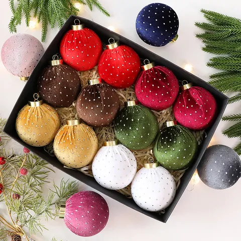 Velvet Christmas Ball Ornaments Set Polka Dot Fabric Wrapped Plastic Balls Holiday Tree Hanging Decoration For Party Home Festival Decor
