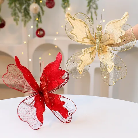 Fabric Butterfly Hanging Ornament Glitter Sequin 3D Butterfly Pendant Christmas Tree Holiday Party Decoration For Home