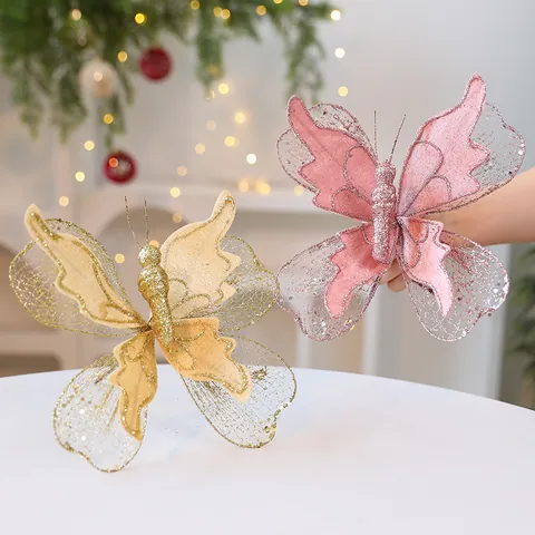 Fabric Butterfly Hanging Ornament Glitter Sequin 3D Butterfly Pendant Christmas Tree Holiday Party Decoration For Home
