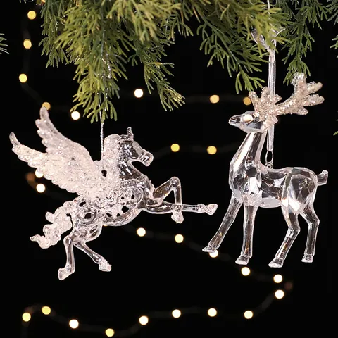 Christmas Crystal Tree Ornaments PC Polycarbonate Hanging Pendants Clear Icicle Reindeer Star Angel Pegasus Pendants For Xmas Party Home Decor