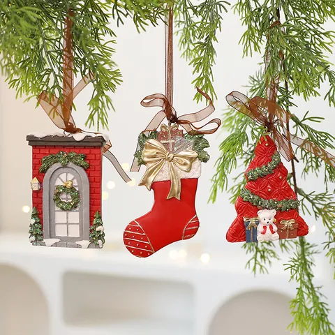 Vintage 3D Resin Christmas Tree Ornaments Retro Bear Reindeer Wreath Bell Hanging Pendants For Holiday Home Party Decor Gifts