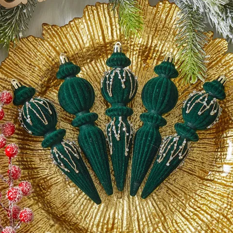 Luxury Flocked Finial Christmas Ornaments Velvet Tapered Christmas Tree Baubles Glitter Beads Holiday Party Hanging Decor