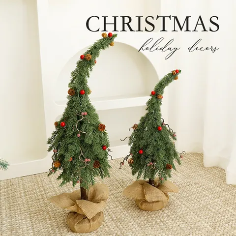 Creatively Bent Christmas Tree Miniature Desktop Decoration With Burlap Base Pine Cone Berry Embellishment For Holiday Shop Window
