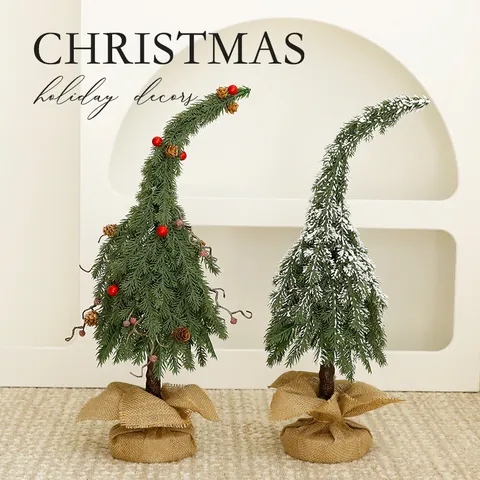 Creatively Bent Christmas Tree Miniature Desktop Decoration With Burlap Base Pine Cone Berry Embellishment For Holiday Shop Window