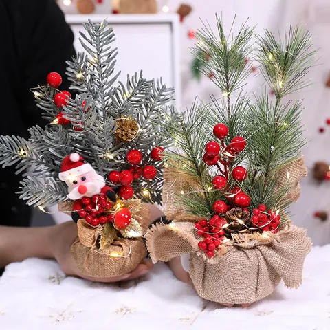 Mini Bureau Kerstboom Decoratie Gloeiende Kleine DIY Kerstboom Ornamenten Met Linnen Basis Voor Thuis Vakantie Scène Arrangement