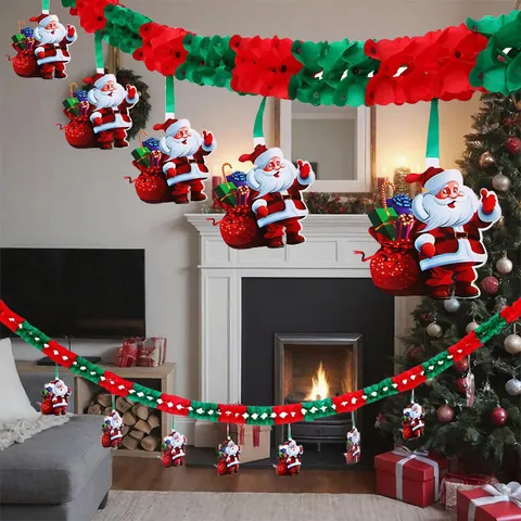 Festive Christmas Hanging Decoration Set Paper Honeycomb Santa Claus Reindeer Pull Flag Banner For Holiday Party Scene Layout
