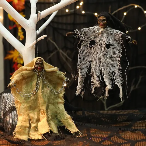 Décoration de Fantôme Suspendu Halloween Avec Yeux Rouges Lumineux Son Effrayant Chaîne en Fer Squelette Accessoire pour Fête