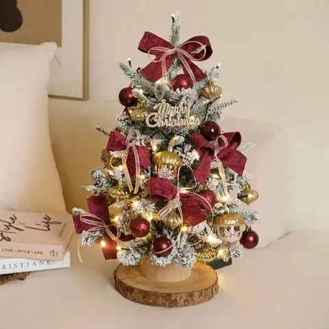 Mini Desktop Christmas Tree With LED Lights Pre-lit Flocked Snow Artificial Small Tabletop Tree With Ornaments And Wood Base For Christmas Home Office Decor