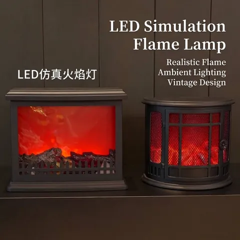 Lanterna per Camino a Fiamma Simulata a LED Retrò Nordica Alimentata a Batteria USB Lampada da Tavolo Decorativa per Natale Casa Nero