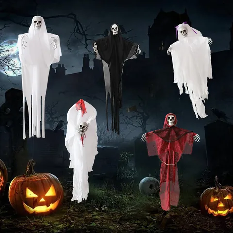 Halloween Hanging Ghost Decoration Scary Skull Reaper Bride Gauze Pendant For Outdoor Indoor Party Yard Haunted House Decor Prop