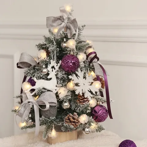 Artificial PET Christmas Tree With LED Warm Lights Mini Desktop Snow Covered Holiday Decoration For Home Office Festive Ornament