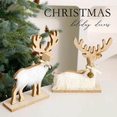 Wooden Christmas Reindeer Figurine Faux Fur Deer Ornament Holiday Tabletop Decoration Nordic Style Reindeer Statues For Home Decor