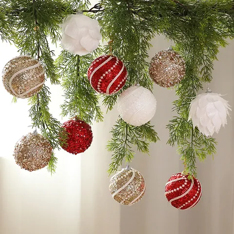 Christmas Ball Ornaments Foam With Faux Artificial Pearls And Sequins Glitter Xmas Tree Hanging Decorative Baubles